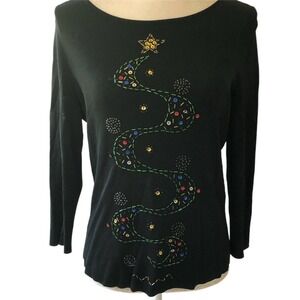 Lucia Burns Christmas Sweater Tree Black Women Size Large Sequin Top Embellished